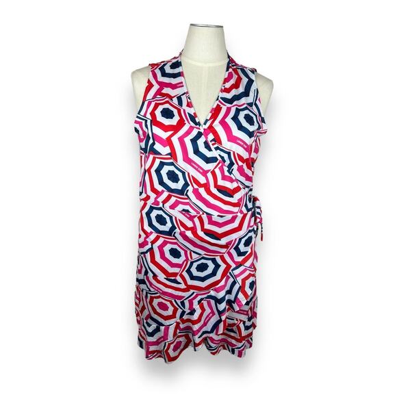Lands End Red Write Blue Wrap Beach Pool Dress XL Novelty Print Umbrellas - Picture 1 of 10